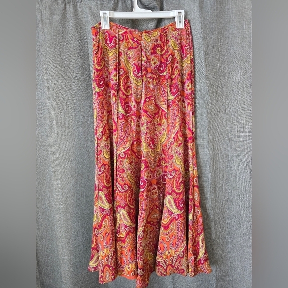 Vintage Talbots Sz 8 100% Silk Skirt Orange Yellow Lined Maxi Paisley Fit Flare - Picture 3 of 5